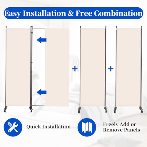 Room Divider 6FT Room Partition with Lockable Wheels, (Thicked Metal Base) Room Dividers, Freestanding Indoor Folding Privacy Screens, Portable Fabric Wall Divider for (Beige, 88"- 4 Panel) JVVMNJLK