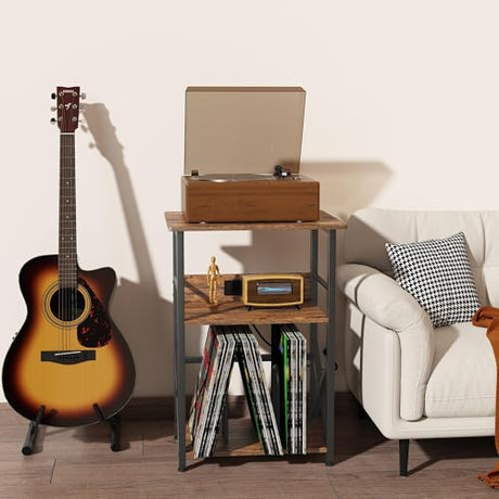 DALEMHOME Record Player Stand with Charging Station, 3-Tier Side Table for 100 Vinyl Storage, End Table for Living Room, Bedroom, Rustic Brown HKET1002BR DALEMHOME