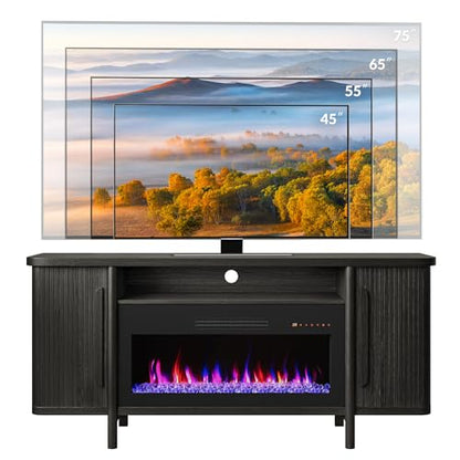 BELLEZE 66" TV Stand with 36" Electric Fireplace, Wood Console Table for TVs up to 75 Inches, Entertainment Center with Storage Cabinets for Living Room, Bedroom - Portman (Espresso Black)