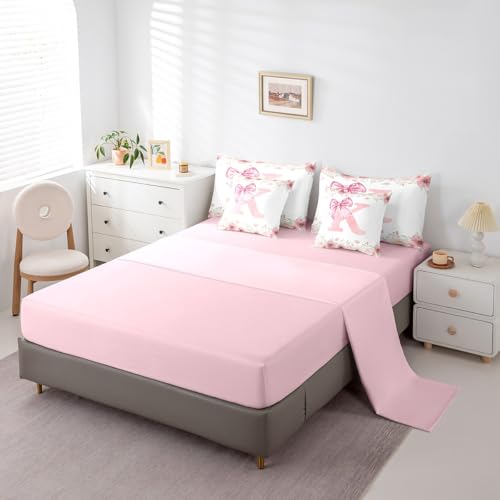 Erosebridal Initial Letter K Bed in A Bag Pink Monogrammed Bowknot Bedding Sets Twin for Girls Kids Young Woman, Floral Dreamy Princess Style Comforter Set with Sheets with 2 Pillowcases Erosebridal