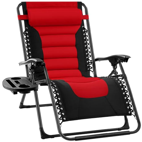Best Choice Products Oversized Padded Zero Gravity Chair, Folding Outdoor Patio Recliner, XL Anti Gravity Lounger for Backyard w/Headrest, Cup Holder, Side Tray, Polyester Mesh - Red Best Choice Products