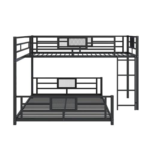 Merax L-Shaped Metal Twin Over Full Size Bunk Bed, with Staircase, Loft Platform Save Space No Box Spring Required, Black Merax
