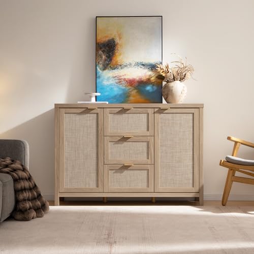 SICOTAS 52" Larger Sideboard Buffet Coffee Bar Cabinet with Storage - Farmhouse Rattan Credenza Storage Cabinet with 3 Drawers and 2 Doors, Boho Console Table for Living Room, Kitchen, Light Oak SICOTAS