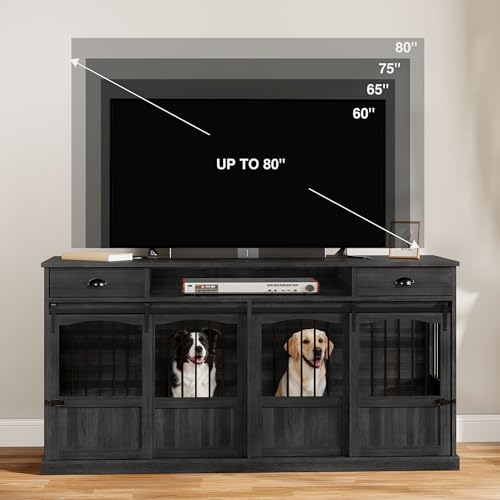 Homiflex 70.86" Double Dog Crate Furniture with Storage for 2 Medium Large Dogs Farmhouse Wooden Dog Kennel Furniture with 2 Sliding Doors Divider & Power Outlet Decorative Dog Cage TV Stand Dark Grey Homiflex