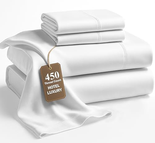 LANE LINEN Queen Sheet Set - 450 Thread Count Premium Soft Long Staple 100% Cotton Sheet, Hotel Luxury Sateen Silky Finish, Snug Fit 15" Deep Pocket, Low Pill, Machine Washable - White Sheets LANE LINEN