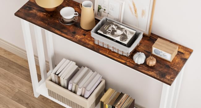 Acovy Farmhouse Solid Wood Console Table, 2 Tier Entryway Table with Storage Shelves, Narrow Sofa Table for Living Room, Hallway, Foyer, Entryway, Rustic White Acovy