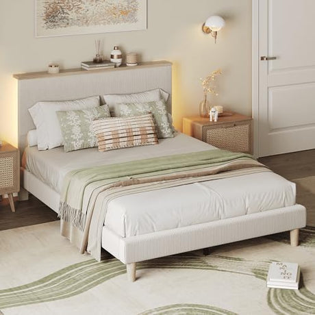 Bestier Queen Bed Frame with Adjustable Headboard & LED Lighting, Corduroy Upholstered Platform Bed Frame with Storage Shelf, Solid Wood Slats, No Box Spring Needed, Never Squeak, Easy Assembly, Beige Bestier