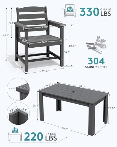 SERWALL Patio Dining Sets for 8, Outdoor Dining Sets for 8 Person with 2 Umbrella Hole Cut-Out Rectangular Tables and 8 Chairs, HDPE Dining Sets for Garden, Backyard, Poolside, Gray SERWALL