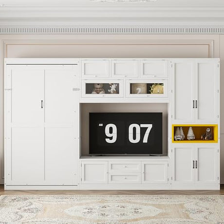 Ball & Cast Twin Size Murphy Bed with Integrated TV Stand and 2 Storage Drawers,Wood Hideaway Wall Beds w/Shelves & Cabinets,can be Folded,Space-Saving,for Small Room,Dorms,Color-Blocking,White Ball & Cast