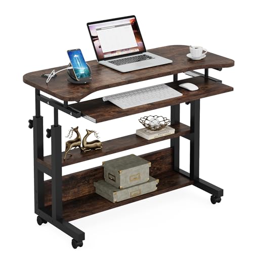 Tribesigns Portable Desk with Power Outlets, Height Adjustable Side Table Sofa Couch Bedside Laptop Computer Cart with USB Charging Ports, Mobile Small Standing Desk with Keyboard Tray Tribesigns