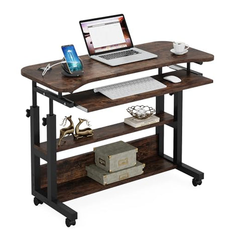 Tribesigns Portable Desk with Power Outlets, Height Adjustable Side Table Sofa Couch Bedside Laptop Computer Cart with USB Charging Ports, Mobile Small Standing Desk with Keyboard Tray Tribesigns