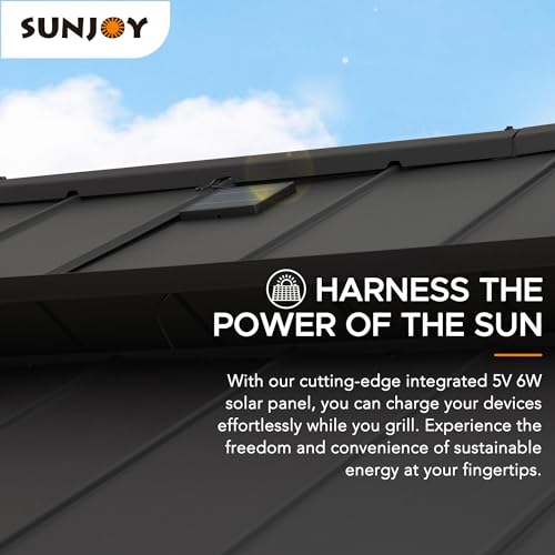 Sunjoy Wooden Grill Gazebo, 8 x 12 ft. Steel Hardtop Gazebo with Solar Power for Year-Round Grilling - 2 Full Size Grills, Griddles or Smokers - Sunjoy