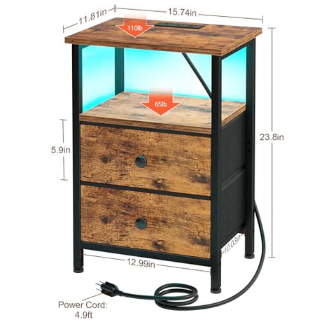LOAKEKEL Nightstand with Charging Station, End Table with 2 Fabric Drawers, LED Night Stand for Bedroom, Small Bed Side Table with USB Ports and Outlets for Living Room, Brown, HETS02BR-1 LOAKEKEL