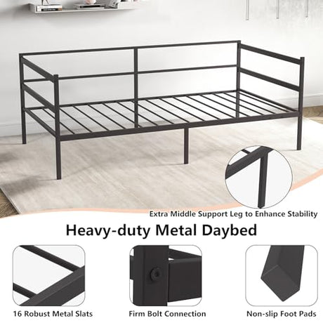 KOMFOTT Metal Daybed Frame Twin Size, Heavy-Duty Steel Slats Support Sofa Bed, Platform Mattress Foundation, Multifunctional Platform Bed Frame, Day Bed for Living Room & Guest Room KOMFOTT