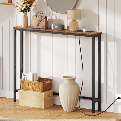 HOOBRO 39.4 Inch Narrow Console Table with Power Outlets, 5.9 Inch Sofa Table with Storage, Skinny Behind Couch Table, for Entryway Hallway, Small Spaces, Rustic Brown and Black BF52UXG01G1 HOOBRO