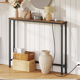 HOOBRO 39.4 Inch Narrow Console Table with Power Outlets, 5.9 Inch Sofa Table with Storage, Skinny Behind Couch Table, for Entryway Hallway, Small Spaces, Rustic Brown and Black BF52UXG01G1 HOOBRO