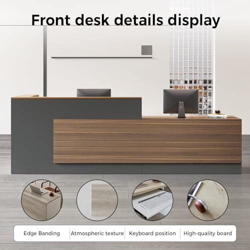Nuipesn 94" Modern L-Shaped Reception Desk with Counter, Drawer, Keyboard Tray & Storage Shelves, Right Layout, Dark Walnut Nuipesn