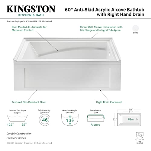Aqua Eden VTAM6032R22B 60-Inch Anti-Skid Acrylic 3-Wall Alcove Tub with Right Hand Drain Hole, White Kingston Brass