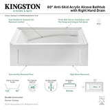 Aqua Eden VTAM6032R22B 60-Inch Anti-Skid Acrylic 3-Wall Alcove Tub with Right Hand Drain Hole, White Kingston Brass