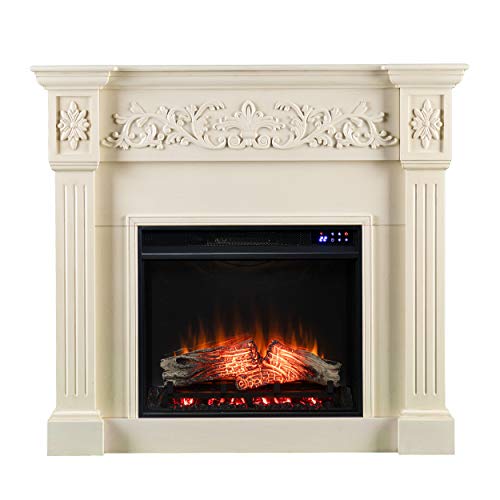 SEI Furniture Calvert Electric Fireplace with Carved Floral Trim, New Ivory SEI Furniture