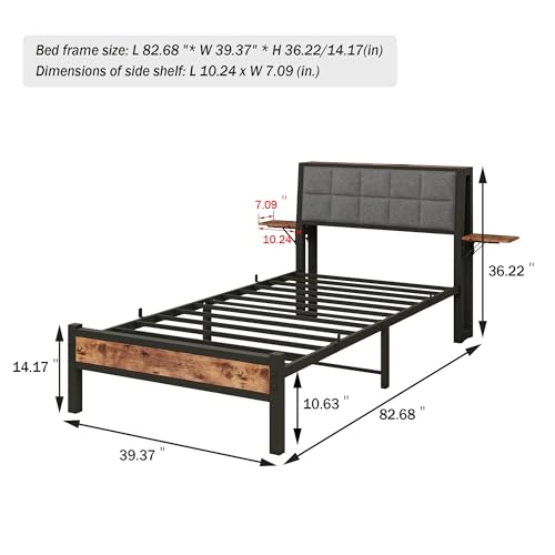JUISSANO Twin Bed Frame with Wood Storage Headboard/USB Charging Station,Heavy Duty Metal Platform Bed Frames Twin Size No Box Spring Needed,Removable Bedside Shelf,Black and Rustic Brown JUISSANO