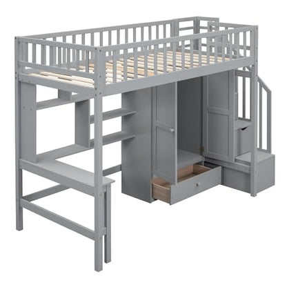 Twin Loft Bed with Storage, Desk, and Wardrobe by Harper & Bright Designs - Grey Solid Wood Frame - WoodArtSupply