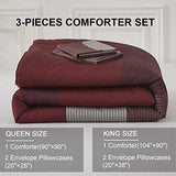 WONGS BEDDING Burgundy Comforter Set King, Reversible Burgundy Stripe Down Alternative Comforter for All Season,3 Pieces(1 Comforter+2 Pillowcases), Soft Microfiber Bedding Duvet Set 104”×90” WONGS BEDDING