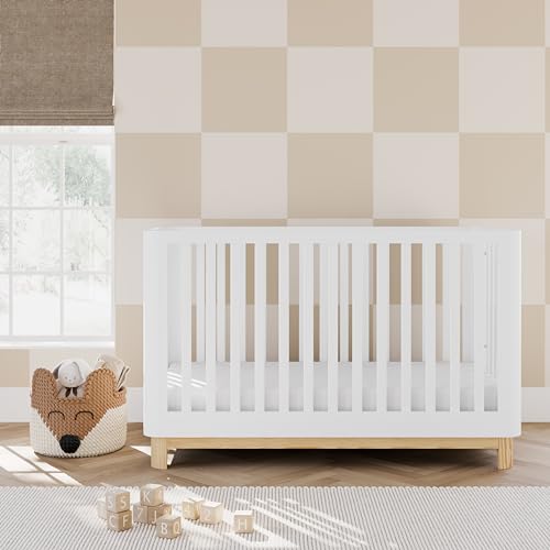 Storkcraft Santos 3-in-1 Convertible Crib (White with Natural) – GREENGUARD Gold Certified, Fits Standard Crib Mattress, Converts to Toddler Bed, Storkcraft
