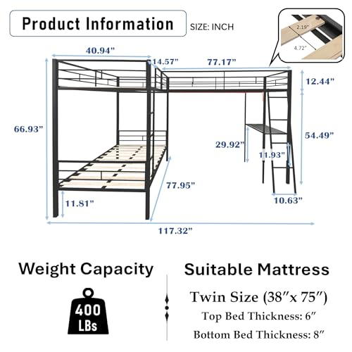 PVWIIK L-Shaped Triple Bunk Bed w/Desk & LED Lights for 3 Kids Adults,Metal Frame with Built-in Ladder & Full-Length Guardrails,Easy to Assemble,Space Saving, Black PVWIIK