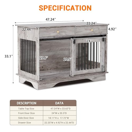 47" Dog Furniture Crate, Large Furniture Style Dog Crate for Large/Medium/Small Dogs (Retro Grey, One Cage) Garvee