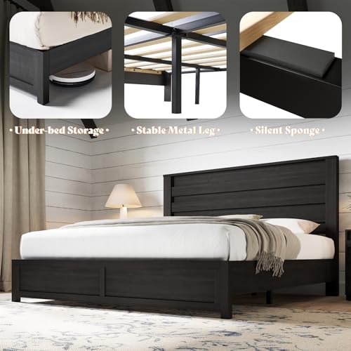 AMERLIFE Farmhouse King Size Bed Frame with 49" Fluted Headboard, Wood Platform Bed with Natural Grain, No Box Spring Needed/Noise Free, Black AMERLIFE