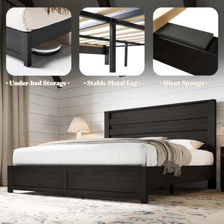 AMERLIFE Farmhouse King Size Bed Frame with 49" Fluted Headboard, Wood Platform Bed with Natural Grain, No Box Spring Needed/Noise Free, Black AMERLIFE