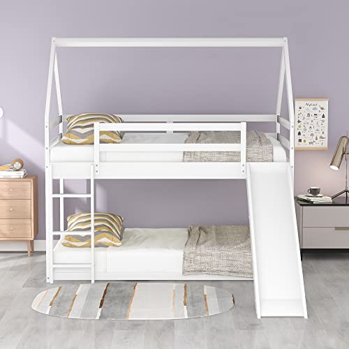 DreamBuck Twin Over Twin House Bunk Bed with Convertible Slide and Safety Guardrail in White - WoodArtSupply