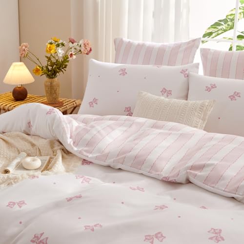 Bildenly Pink Bow Duvet Cover Twin Size Reversible White Pink Bows Striped Bedding Set Kids Girls Cute Comforter Cover Set Soft Breathable Microfiber Quilt Cover with Zipper Closure and 1 Pillowcase Bildenly
