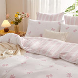 Bildenly Pink Bow Duvet Cover Twin Size Reversible White Pink Bows Striped Bedding Set Kids Girls Cute Comforter Cover Set Soft Breathable Microfiber Quilt Cover with Zipper Closure and 1 Pillowcase Bildenly