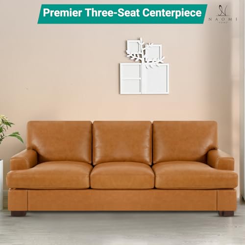 Naomi Home Siggy Genuine Leather Sofa - Luxurious Comfort, Goose Feather Cushion Filling, Square Arm Design, Sturdy Block Legs, Elegant Tan - Ideal for Living Room, Office, or Bedroom Naomi Home
