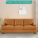 Naomi Home Siggy Genuine Leather Sofa - Luxurious Comfort, Goose Feather Cushion Filling, Square Arm Design, Sturdy Block Legs, Elegant Tan - Ideal for Living Room, Office, or Bedroom Naomi Home