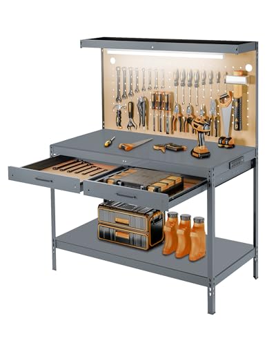 Work Bench, A3 Steel Garage Storage Workbench with Drawers Pegboard 600LBS Capacity Work Tool Bench, Workbench for Garage Workshop Basement, Work Table Light Gray Pterying