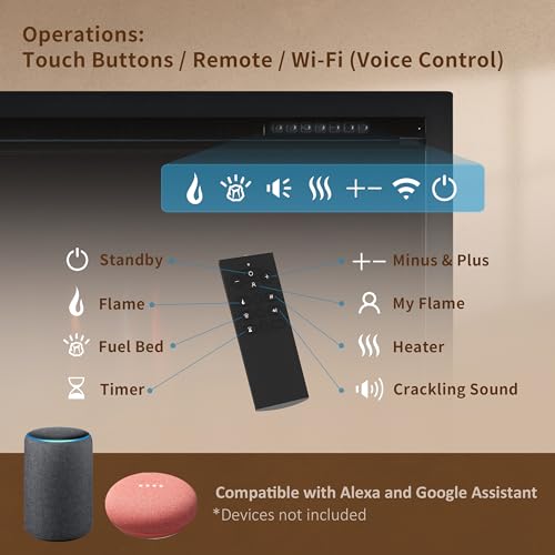 PuraFlame Herman 36 Inch Smart Linear Electric Fireplace - Premium Flame with 9 Colors, Clean Design, Recessed in-Wall or Wall-Mount or Free Standing, Compatible with Alexa and Google Assistant PuraFlame