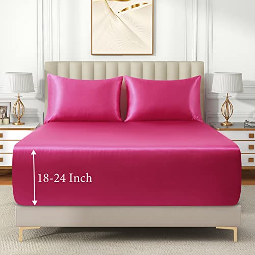 VACVELT 3pcs Extra Deep Pocket Satin Fitted Sheet Set Full Bed Set, Hot Pink Bottom Sheet Fit 18-24 Inch Deep Pocket Mattress, Silky Bedding Set Soft & Ultra Deep Fitted Sheet & 2 Pillowcase VACVELT
