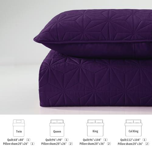 Whale Flotilla King Quilt Bedding Set, Soft Purple Bedspreads Quilts King Size for All Seasons, 3 Pieces Lightweight Geometric Star Pattern Coverlet Whale Flotilla