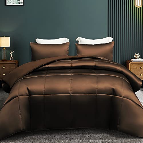 Whale Flotilla 3-Piece Reversible Silky Soft King Size Comforter Bedding Set, Luxurious Satin Comforters Oversized with 2 Satin Pillowcases, Lightweight Duvet for All Seasons, Brown Whale Flotilla