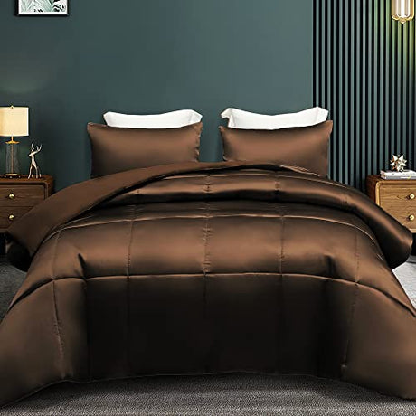 Whale Flotilla 3-Piece Reversible Silky Soft King Size Comforter Bedding Set, Luxurious Satin Comforters Oversized with 2 Satin Pillowcases, Lightweight Duvet for All Seasons, Brown Whale Flotilla