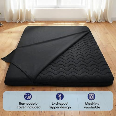 COZYFUZY Japanese Floor Mattress Futon - 3.5" Extra Firm Foldable Tatami Mat, 5-Layer Support with High-Density Foam Portable Floor Bed for Guest, Dorm, Kids Room & Camping Black Twin COZYFUZY