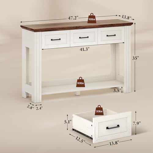ANGRYWIN 47" Farmhouse Console Table with 3 Drawers, Rustic Entryway Table with Open Shelf, Sofa Tables Behind Couch for Entrance, Living Room, Hallway, White ANGRYWIN