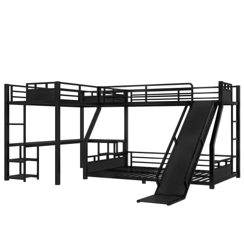 Metal Triple Bunk Beds with Slide, Desk and Storage Shelves, L-Shaped Twin XL Over Queen Bunk Bed with 2 Ladders and Guardrails for Kids Teens, Noise-Free Design (Black, Twin XL/Queen) CITYLIGHT