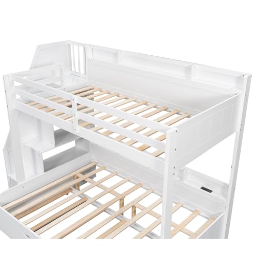 Bellemave Twin Over Full Bunk Bed with Storage Staircase, Trundle, Built-in Shelves & USB Charging Station, Space-Saving Design Bunk Bed Frame for Kids Teens, Solid Wood & MDF, White Bellemave