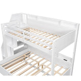 Bellemave Twin Over Full Bunk Bed with Storage Staircase, Trundle, Built-in Shelves & USB Charging Station, Space-Saving Design Bunk Bed Frame for Kids Teens, Solid Wood & MDF, White Bellemave