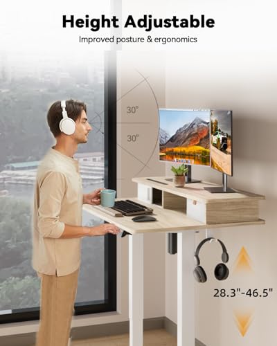 JOY worker Small Electric Standing Desk, 35" x 25" Height Adjustable Desk with Built-in Monitor Stand & Storage Drawer, White Sit Stand Desk with 2 Hooks for Home Office, Light Walnut JOY worker