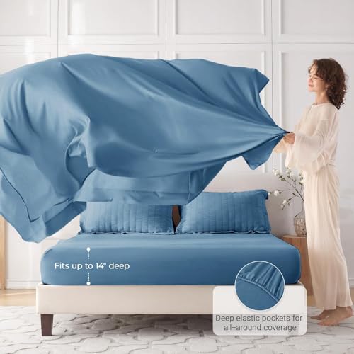 MUXHOMO 7 Pieces King Comforter Set, Seersucker Bed in a Bag King Size, All Season Luxury Bedding Set with Comforter, Flat Sheet, Fitted Sheet, Pillowcases & Shams, Mineral Blue MUXHOMO